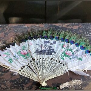 Vintage Hand Painted Peacock Feather Fan Carved Bone Handle